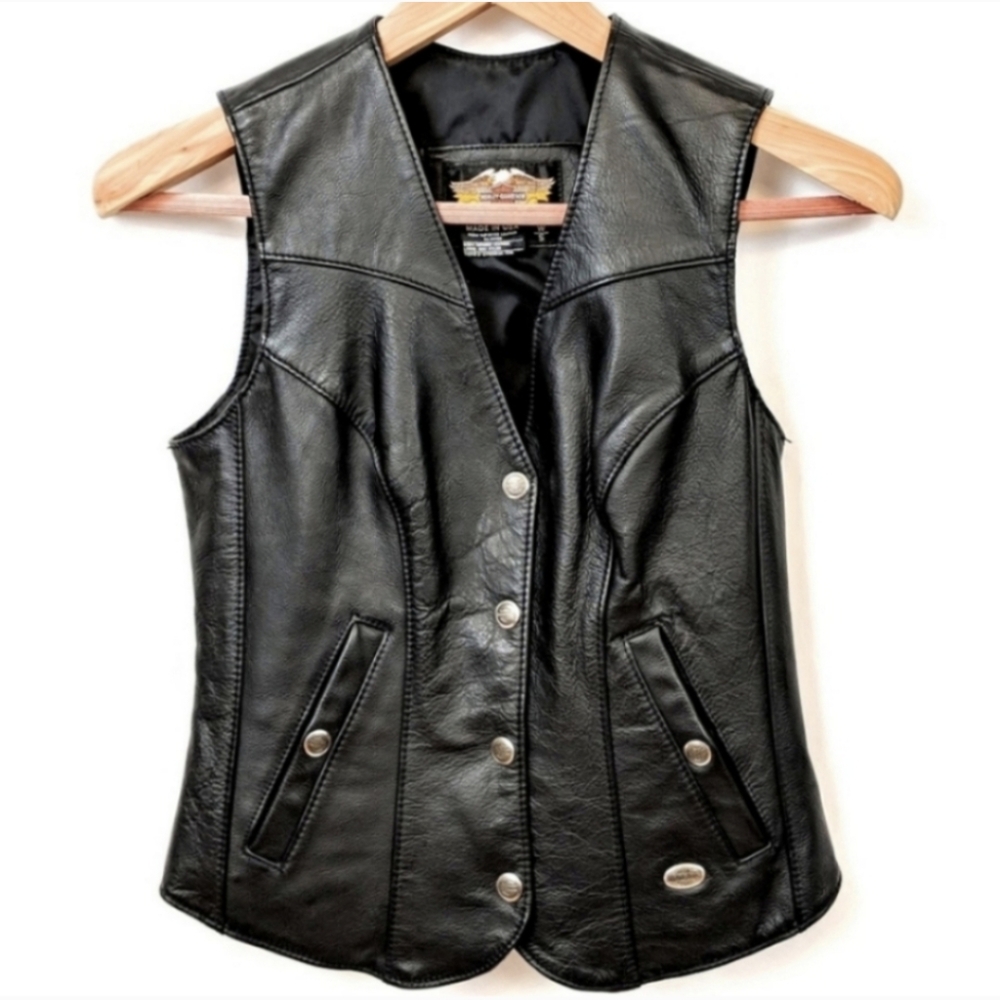 Harley-Davidson Leather Biker Vest V-Neck Lined Silver Hardware Motorcycle Small